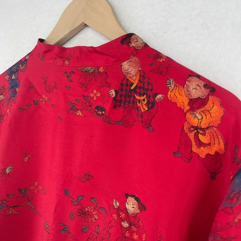 CHICOS Blouse 3 XL Asian Chinese Print Silk Satin Mandarin Collar Button Up Red_8